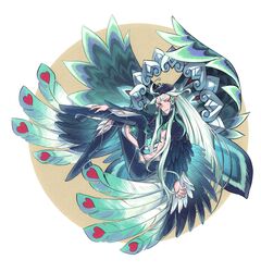  1boy ahoge applechoc eyeshadow fate/grand_order fate_(series) feathers forehead_jewel full_body gem highres long_hair looking_at_viewer makeup male_focus multicolored_hair red_eyes shi_huang_di_(fate) simple_background smile solo two-tone_hair white_background white_hair wings 