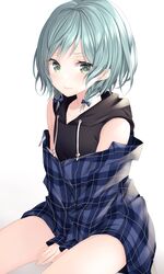  aqua_hair bang_dream! bare_shoulders between_legs black_hoodie blue_jacket bow braid drawstring female green_eyes hairbow highres hikawa_hina hood hood_down hoodie jacket komomo_(ptkrx) long_sleeves looking_at_viewer off_shoulder plaid plaid_jacket short_hair simple_background sitting sleeveless sleeveless_hoodie smile solo thighs twin_braids white_background 