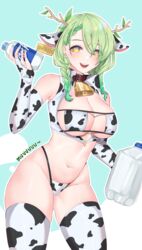  :d animal_ears animal_print antlers bell bikini blush bottle braid branch breasts bridal_gauntlets ceres_fauna cleavage collar cow_ears cow_print cow_print_bikini cowbell cowboy_shot eyepatch_bikini eyes_visible_through_hair female green_hair green_nails hair_behind_ear highres holding holding_bottle hololive hololive_english horns large_breasts long_hair looking_at_viewer minxei nail_polish navel neck_bell print_bikini print_bridal_gauntlets print_towel red_collar simple_background smile solo standing swimsuit towel twin_braids virtual_youtuber yellow_eyes 