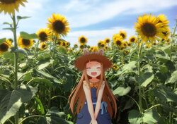  blue_dress blue_sky blush brown_hair closed_eyes cloud cloudy_sky day dress explosion_psycho female field flower flower_field hat highres ichihara_nina idolmaster idolmaster_cinderella_girls leaf long_hair open_mouth outdoors photo_background pocket ribbon sky sleeveless sleeveless_dress smile solo straw_hat summer sunflower sunflower_field upper_body v_arms yellow_flower 