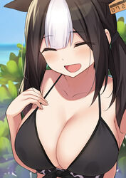  :d ^_^ animal_ears bad_id bad_pixiv_id bare_shoulders bikini black_bikini black_hair black_hairband blush breasts cccpo cleavage closed_eyes collarbone commentary_request cow_ears day facing_viewer fake_animal_ears female hairband hand_on_own_chest highres holstein_(cccpo) lactation lactation_through_clothes large_breasts long_hair multicolored_hair open_mouth original outdoors smile solo swimsuit twintails two-tone_hair white_hair 