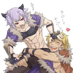  2boys abs anger_vein animal_ears annoyed black_gloves black_shirt blonde_hair blush brown_pants cape cat_ears closed_eyes commentary_request cowboy_shot crop_top fingerless_gloves fur-trimmed_cape fur-trimmed_jacket fur_trim gloves hand_on_another&#039;s_head jacket light_purple_hair looking_at_another lowres male_focus multiple_boys open_clothes open_jacket open_mouth pants purple_cape purple_jacket ragnarok_online red_eyes red_jacket rogue_(ragnarok_online) rouko605 shirt short_hair short_sleeves simple_background slit_pupils smile stalker_(ragnarok_online) toned toned_male translation_request vambraces waist_cape white_background 