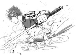  1boy abs emiya_shirou fate/grand_order fate/stay_night fate_(series) greyscale highres holding holding_weapon igote katana kazuki_yone male_focus monochrome muscular muscular_male senji_muramasa_(fate) simple_background smoke sword upper_body weapon 