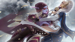  2girls blonde_hair blue_eyes breasts catfight cleavage cloak colored_skin embers glowing glowing_eyes hood hooded_cloak human_(warcraft) jaina_proudmoore large_breasts long_eyebrows long_hair looking_at_another motion_blur multiple_girls parted_lips pointy_ears purple_skin rain_wzq red_eyes sylvanas_windrunner thighhighs undead warcraft white_hair world_of_warcraft 