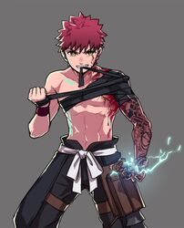  1boy angra_mainyu_(fate) applechoc bandaged_arm bandages biting blood blood_on_face electricity emiya_shirou fate/grand_order fate/hollow_ataraxia fate/stay_night fate_(series) japanese_clothes looking_at_viewer magic_circuit male_focus orange_hair red_hair senji_muramasa_(fate) simple_background tattoo topless_male yellow_eyes 