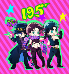  3boys battle_tendency black_hair blue_eyes blue_hair bola_(weapon) brown_hair chibi clenched_hand crop_top gakuran green_eyes grin hat jojo_no_kimyou_na_bouken jonathan_joestar joseph_joestar joseph_joestar_(young) kamabo_ko kujo_jotaro long_coat midriff midriff_peek multiple_boys phantom_blood pointing purple_hair purple_scarf scarf school_uniform smile sparkle stardust_crusaders striped_clothes striped_scarf 