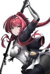  absurdres breasts chinese_commentary commentary female hair_tie highres holding holding_weapon long_hair looking_at_another mcoco7 medium_breasts punishing:_gray_raven red_eyes red_hair simple_background smile solo thighs vera:_garnet_(punishing:_gray_raven) vera_(punishing:_gray_raven) weapon white_background 