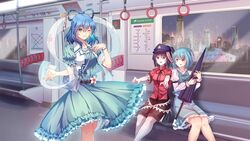  3girls :p ;) absurdres blue_dress blue_eyes blue_hair building cabbie_hat city dress feet_out_of_frame flower flower_request hagoromo hair_ornament hair_rings hair_stick hand_up hat hat_ornament heterochromia highres jiangshi kaku_seiga karakasa_obake light_smile long_hair looking_at_another looking_at_viewer minuo miyako_yoshika multiple_girls night night_sky ofuda one_eye_closed open_clothes open_vest outstretched_arms parted_lips petticoat puffy_short_sleeves puffy_sleeves red_eyes shawl short_sleeves sitting sky skyline smile star_(sky) star_(symbol) star_hat_ornament tatara_kogasa tongue tongue_out touhou train_interior umbrella vest white_flower white_vest zombie_pose 