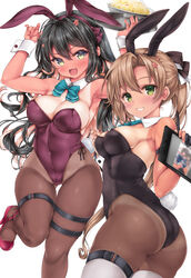  2girls akigumo_(kancolle) akigumo_kai_ni_(kancolle) animal_ears bad_id bad_twitter_id black_hair black_leotard blue_bow blue_bowtie bow bowtie breasts brown_hair brown_pantyhose censored cleavage colored_inner_hair commentary_request cowboy_shot detached_collar drawing_tablet gradient_eyes green_eyes grey_thighhighs grin hair_down hair_ribbon highres kantai_collection large_breasts leotard long_hair looking_at_viewer mole mole_under_eye mosaic_censoring multicolored_eyes multicolored_hair multiple_girls naganami_(kancolle) naganami_kai_ni_(kancolle) nijimoto_hirok one-piece_tan pantyhose pink_hair playboy_bunny ponytail purple_leotard rabbit_ears rabbit_tail ribbon simple_background smile strapless strapless_leotard tail tan tanlines thighhighs two-tone_hair wavy_hair white_background wrist_cuffs 