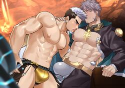  2boys abs bara bare_pectorals black_hair black_shirt blush bulge clothing_cutout commission couple crotchless crotchless_pants earrings facial_hair goatee green_eyes gyee hand_on_another&#039;s_neck hand_on_another&#039;s_waist highres jewelry kienbiu large_pectorals licking long_sideburns male_focus multicolored_hair multiple_boys muscular muscular_male navel nipples pants pectorals purple_hair second-party_source shirt short_hair shrug_(clothing) sideburns spread_legs su_(gyee) sucking_male_nipple thick_thighs thigh_cutout thighs tongue tongue_out topless_male two-tone_hair yan_(gyee) yaoi 