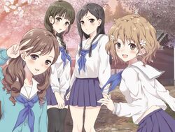  4girls :d :o arms_at_sides bad_id bad_pixiv_id black_eyes black_hair black_thighhighs blue_neckerchief blue_shirt blush braid brown_eyes brown_hair day flower gangshangguang_(smjy5842) hair_flower hair_ornament hanasaku_iroha hand_up highres long_hair long_sleeves looking_at_viewer matsumae_ohana multiple_girls neckerchief oshimizu_nako outdoors school_uniform serafuku shirt short_hair smile standing thighhighs tsurugi_minko twin_braids v wakura_yuina white_shirt 