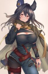  aqua_(popogori) asymmetrical_clothes belt black_hair black_pantyhose black_shirt blue_pants blush breasts buttons cape cleavage commentary_request denim ear_piercing erune female granblue_fantasy green_cape hair_between_eyes holster ilsa_(granblue_fantasy) jeans large_breasts long_hair long_sleeves looking_at_viewer pants pantyhose pantyhose_under_trousers partial_commentary piercing red_eyes shirt single_pantsleg solo thigh_strap thighs torn_clothes torn_pantyhose 