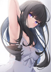  armpits bare_shoulders black_hair blush breasts commentary_request dress female gradient_background grey_background gun handgun highres holster holstered inoue_takina long_hair looking_at_viewer lycoris_recoil parted_lips purple_eyes s&amp;w_m&amp;p shoulder_holster sleeveless sleeveless_dress small_breasts solo sweat tatapopo thick_eyebrows very_long_hair weapon white_background white_dress 