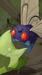  absurdres bad_id bad_pixiv_id blurry bug butterfly butterfree cocoon commentary day depth_of_field fangs from_above grass highres metapod no_humans orange_eyes outdoors pokemon pokemon_(creature) silk tree yunimaru 