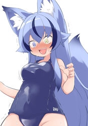  :d animal_ear_fluff animal_ears bare_arms bare_shoulders blue_eyes blue_hair blue_one-piece_swimsuit blush breasts commentary_request eyebrows_hidden_by_hair female foxx-chan_(foxxre) foxxre hair_between_eyes heterochromia highres long_hair medium_breasts multicolored_hair nose_blush old_school_swimsuit one-piece_swimsuit original school_swimsuit sharp_teeth short_eyebrows simple_background smile solo streaked_hair swimsuit tail teeth thick_eyebrows trembling very_long_hair white_background yellow_eyes 