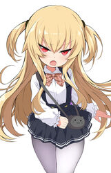  bad_id bad_twitter_id black_skirt blonde_hair blush bow bowtie brown_bow brown_bowtie commentary_request copyright_request female highres long_hair long_sleeves oerba_yun_fang open_mouth pantyhose polka_dot polka_dot_bowtie red_eyes shimejinameko shirt simple_background skirt solo tsurime two_side_up white_background white_pantyhose white_shirt 