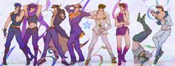  6+boys abs battle_tendency blue_hair brown_hair chains cosplay crop_top crossdressing diamond_wa_kudakenai dixie_cup_hat gakuran giorno_giovanna giorno_giovanna&#039;s_pose_(jojo) giorno_giovanna_(cosplay) hat higashikata_josuke higashikata_josuke_(cosplay) higashikata_josuke_(jojolion) higashikata_josuke_(jojolion)_(cosplay) highres johnny_joestar johnny_joestar_(cosplay) jojo_no_kimyou_na_bouken jojo_pose jojolion jonathan_joestar jonathan_joestar&#039;s_pose_(jojo) jonathan_joestar_(cosplay) joseph_joestar joseph_joestar_(young) kujo_jolyne kujo_jolyne_(cosplay) kujo_jotaro kujo_jotaro&#039;s_pose_(jojo) kujo_jotaro_(cosplay) long_coat midriff midriff_peek military_hat miniskirt mitus multiple_boys multiple_persona phantom_blood pose purple_hair purple_scarf sailor scarf school_uniform skirt star_(symbol) stardust_crusaders steel_ball_run stone_ocean upside-down vento_aureo 