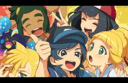  2girls 3boys artist_name baseball_cap beanie black_hair blonde_hair blush commentary cosmog dark-skinned_male dark_skin elio_(pokemon) eyelashes gladion_(pokemon) green_eyes green_hair hand_on_another&#039;s_shoulder hand_up hat hau_(pokemon) lillie_(pokemon) long_hair multiple_boys multiple_girls open_mouth pokemon pokemon_(creature) pokemon_sm protected_link selene_(pokemon) smile sparkle swept_bangs symbol-only_commentary teeth thumbs_up tongue v watermark yuuna_minato 