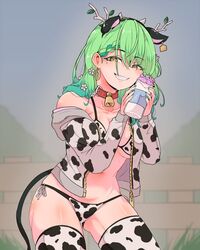  animal_ears animal_print antlers bell bikini blush bottle braid braided_bangs branch breasts ceres_fauna cow_ears cow_girl cow_horns cow_print cow_print_bikini cow_tail cowbell ear_tag fake_animal_ears fake_horns female flower green_hair grin hair_flower hair_ornament highres hololive hololive_english hood hoodie horns long_hair looking_at_viewer milk_bottle moral_cacoethes multicolored_hair navel neck_bell off_shoulder panties print_bikini print_thighhighs side-tie_panties single_braid smile solo swimsuit tail thighhighs underwear virtual_youtuber yellow_eyes 