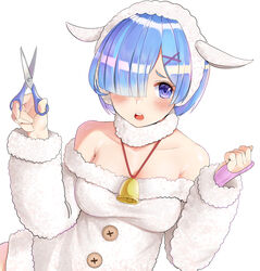  akamahura animal_costume bad_id bad_pixiv_id bare_shoulders bell blue_eyes blue_hair blush breasts collarbone commentary_request dress female fur_collar fur_trim hair_ornament hair_over_one_eye highres holding holding_scissors large_breasts long_sleeves looking_at_viewer off-shoulder_dress off_shoulder open_mouth re:zero_kara_hajimeru_isekai_seikatsu rem_(re:zero) scissors sheep_costume sheep_hair_ornament short_hair simple_background solo white_background white_dress x_hair_ornament 