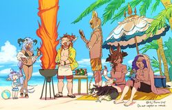  3boys 3girls :d ^_^ animal_ear_fluff animal_ears asaya_minoru bare_arms bare_shoulders beach beach_umbrella bikini black_bikini black_male_swimwear blue_bikini blue_eyes blue_sky book braid breasts brown_hair cleavage closed_eyes cloud collared_shirt cooking cooler cup dark-skinned_female dark_skin day dress_shirt drinking_straw english_text ewiyar_(granblue_fantasy) fediel_(granblue_fantasy) feline fire food galleon_(granblue_fantasy) granblue_fantasy grill grilling hair_between_eyes hair_ornament hand_on_own_hip holding holding_book holding_cup horizon horns long_hair lu_woh_(granblue_fantasy) male_swimwear medium_breasts multiple_boys multiple_girls navel ocean oerba_yun_fang open_book open_clothes open_shirt orologia_(male) outdoors palm_tree parted_lips purple_hair red_eyes red_male_swimwear shirt single_braid sitting skull_hair_ornament sky smile standing sunglasses swim_trunks swimsuit tree twitter_username umbrella very_long_hair wamdus_(granblue_fantasy) water white_shirt wilnas_(granblue_fantasy) yellow_male_swimwear yellow_shirt 