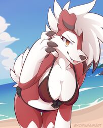  anthro beach bent_over bikini breasts cleavage clothed clothing eyelashes fangs female fur generation_7_pokemon hair hair_over_eye looking_at_viewer lycanroc medium_breasts midnight_lycanroc multicolored_body multicolored_fur narrowed_eyes nintendo one_eye_obstructed open_mouth pokemon pokemon_(species) red_body red_fur seaside solo swimwear tail teeth two_tone_body two_tone_face two_tone_fur white_body white_face white_fur yorusagi 