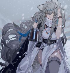  absurdres animal_ear_fluff animal_ears arknights bell black_cape braid cape chinese_commentary cowboy_shot dress female grey_eyes grey_hair grey_thighhighs hand_on_own_head highres holding holding_bell leopard_ears long_hair one_eye_closed outdoors pelvic_curtain pramanix_(arknights) snow solo thighhighs thighs tiara twin_braids very_long_hair white_dress wristband yumingtongxue 