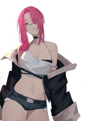  absurdres ass_visible_through_thighs bad_id bad_pixiv_id bare_shoulders belt blue_eyes breasts choker cleavage collarbone commentary crop_top female hair_over_one_eye halterneck head_tilt highres huang_(volt0526) jacket long_hair midriff navel off_shoulder original pink_hair short_shorts shorts solo thigh_gap white_background 