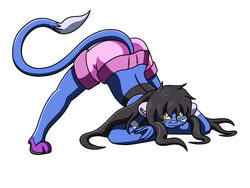  4:3 anthro ass_up black_hair blue_body blue_fur bottomwear clothing dipstick_tail felid female footwear fur hair jack-o&#039;_pose lion looking_at_viewer mammal markings mitsuko_kazama pantherine pink_nose pose shirt shoes shorts simple_background solo spread_legs spreading strays_of_siravia tail tail_markings tail_tuft tank_top thelordoflemonz topwear tuft white_background yellow_eyes 