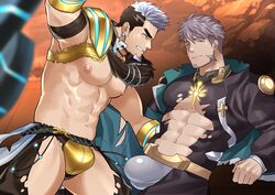  2boys abs abs_cutout bara bare_pectorals black_hair black_shirt bulge cleavage_cutout clothing_cutout commission couple crotchless crotchless_pants earrings facial_hair goatee green_eyes gyee highres jewelry kienbiu large_pectorals long_sideburns male_focus multicolored_hair multiple_boys muscular muscular_male navel nipples one_eye_closed pants pectorals purple_hair revealing_clothes second-party_source shirt short_hair shrug_(clothing) sideburns skin_tight spread_legs su_(gyee) thick_thighs thigh_cutout thighs torn_clothes torn_pants torn_shirt two-tone_hair yan_(gyee) yaoi 