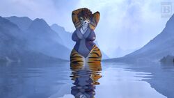  16:9 3d_(artwork) amazing_background big_breasts blx24 breasts brown_hair cleavage clothed clothing detailed detailed_background digital_media_(artwork) felid female fog fur green_eyes hair hands_behind_head hi_res lake looking_at_viewer mammal markings mountain one-piece_swimsuit orange_body orange_fur outside pantherine plant reflection striped_body striped_markings stripes swimwear thick_thighs tiger tree water widescreen 