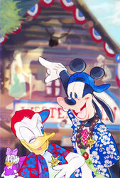  anatid anseriform anthro avian backwards_baseball_cap backwards_hat baseball_cap bird black_eyes buckteeth building canid canine canis clothing daisy_duck disney domestic_dog donald_duck duck duo_focus fingers floppy_ears gesture gloves goofy_(disney) group hand_gesture handwear happy hat headgear headwear hi_res house kaname_(torikonakarera) male mammal one_eye_closed pointing smile teeth tongue white_body 