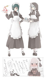  1boy 4girls alternate_costume apron blush commentary_request dress enmaided fate/grand_order fate/zero fate_(series) fujimaru_ritsuka_(female) gray_(fate) green_hair grey_eyes grey_hair hand_on_own_hip highres holding holding_plate holding_teapot holding_tray hood hood_up long_hair lord_el-melloi_ii_case_files maid maid_headdress multiple_girls nemugiko otoko_no_ko plate reines_el-melloi_archisorte short_hair teapot translation_request tray trimmau_(fate) waver_velvet 