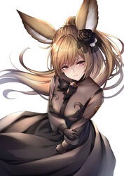  animal_ears black_dress black_flower black_gloves black_rose braid breasts brown_hair brown_shirt closed_mouth commentary dress erune female floating_hair flower gloves granblue_fantasy hair_between_eyes hair_flower hair_ornament highres long_hair long_sleeves looking_at_viewer medium_breasts ponytail puffy_long_sleeves puffy_sleeves red_eyes rose see-through see-through_sleeves shirt simple_background solo very_long_hair white_background ym_(distance819) yuisis_(granblue_fantasy) 