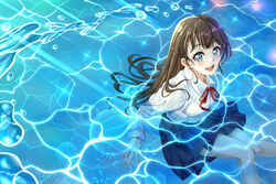  animification blue_eyes blue_skirt blush brown_hair chinese_commentary commentary_request female highres izone k-pop long_hair looking_up partially_submerged real_life school_uniform sitting skirt smile solo textless_version water yabuki_nako yohane_yoshiko 