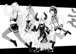  4girls :d animal_ear_fluff animal_ears bare_arms bare_shoulders belt beret blowing_bubbles boots chewing_gum collar commentary fleeing from_side greyscale hair_between_eyes hair_ornament hairclip hands hat heart_o-ring highres hololive horns jirai_kei la+_darknesss la+_darknesss_(1st_costume) lion_ears lion_girl lion_tail long_hair long_sleeves looking_back metal_collar midriff monochrome multiple_girls navel noise_(tsuzuki) o-ring o-ring_thigh_strap o_o oerba_yun_fang off_shoulder official_alternate_costume oozora_subaru oozora_subaru_(work) open_mouth pantyhose pointy_ears rectangular_mouth running scared shirt shishiro_botan shishiro_botan_(button-down) short_hair short_shorts shorts sleeveless sleeveless_shirt sleeves_past_fingers sleeves_past_wrists smile socks suspenders tail thigh_strap thighhighs tokoyami_towa tokoyami_towa_(jirai_kei) very_long_hair very_long_sleeves virtual_youtuber 