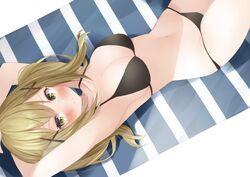  armpits arms_up bang_dream! bare_arms bare_shoulders bikini black_bikini blonde_hair blush breasts cleavage closed_mouth collarbone female frown hair_ornament halterneck highres ichigaya_arisa komomo_(ptkrx) large_breasts long_hair looking_at_viewer lying navel on_back solo stomach string_bikini striped swimsuit thighs twintails v-shaped_eyebrows x_hair_ornament yellow_eyes 