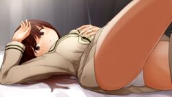  ass_visible_through_thighs bed_sheet black_background blush breasts brown_eyes brown_hair closed_mouth commentary_request commission cowboy_shot expressionless female hair_between_eyes hand_on_forehead highres kantai_collection leg_up light_rays long_hair long_sleeves looking_at_viewer lying medium_breasts on_back on_bed ooi_(kancolle) ooi_kai_ni_(kancolle) panties pleated_skirt sailor_collar shirt skeb_commission skirt solo sunbeam sunlight underwear uniform upskirt white_panties yellow_sailor_collar yellow_shirt yellow_skirt yotubawatane 