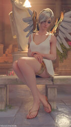  1girls 3d alternate_costume blizzard_entertainment blonde blonde_hair blue_eyes breasts cute dress feet flip_flops highres looking_at_viewer mercy open_toe_shoes overwatch sandals shoes short_skirt solo statue thick_thighs velocihaxor winged_victory_mercy wings 