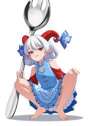 bare_shoulders barefoot blue_dress commentary curly_hair detached_sleeves dress feet female frilled_dress frills full_body hand_on_own_knee highres holding holding_spork horn_ornament horn_ribbon horns meandros oeyama open_mouth oversized_object patterned_clothing pointy_ears red_eyes red_horns red_sleeves ribbon sharp_teeth sheep_horns short_hair solo spork squatting teeth touhou toutetsu_yuuma white_background white_hair 