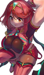  arm_behind_head bob_cut breasts chest_jewel commentary_request core_crystal_(xenoblade) earrings female floating_earrings highres impossible_clothes jewelry large_breasts pantyhose pantyhose_under_shorts purasutenn pyra_(xenoblade) red_eyes red_hair red_shorts red_thighhighs short_hair short_sleeves shorts smile solo super_smash_bros. suspenders swept_bangs thighhighs thighhighs_over_pantyhose tiara xenoblade_chronicles_(series) xenoblade_chronicles_2 