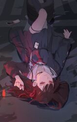  absurdres black_choker black_hair black_serafuku black_shirt black_skirt breasts cellphone chisa_(wuthering_waves) choker closed_mouth commentary female flip_phone hair_ribbon hand_up highres id_card long_hair looking_at_viewer lying medium_breasts neckerchief on_back phone red_eyes red_neckerchief red_ribbon ribbon sailor_collar school_uniform serafuku shirt skirt solo white_sailor_collar wuthering_waves yoswr 