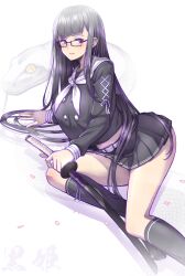  belt black_serafuku black_shirt black_skirt black_socks blush breasts brown_hair commentary_request fate/grand_order fate_(series) female glasses grey_eyes highres katana kneehighs kurohime_(fate) kurohime_(second_ascension)_(fate) large_breasts long_hair long_sleeves looking_at_viewer neckerchief sailor_collar scar scar_across_eye scar_on_face school_uniform serafuku shirt sidelocks skirt smile snake socks solo sword taru_neko thighs very_long_hair weapon white_sailor_collar 