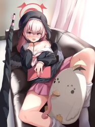  absurdres black_hat black_shirt black_wings blue_archive blush book breasts couch feathered_wings female gun halo hashtag-only_commentary hat head_wings highres holding holding_book indoors kneehighs koharu_(blue_archive) long_hair looking_at_viewer low_wings neckerchief on_couch open_mouth peroro_(blue_archive) pharamacom pink_eyes pink_hair pink_neckerchief pink_skirt red_halo rifle sailor_collar shirt single_bare_shoulder skirt small_breasts socks solo twintails weapon white_sailor_collar white_socks wings 