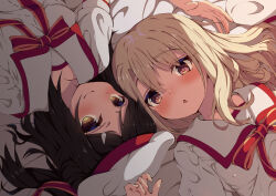  2girls black_hair blush breasts brown_eyes collared_shirt commentary_request fate/kaleid_liner_prisma_illya fate_(series) hair_ornament hairclip highres homurabara_academy_elementary_school_uniform illyasviel_von_einzbern long_hair looking_at_viewer lying miyu_edelfelt multiple_girls neck_ribbon on_back open_mouth peisuto puffy_short_sleeves puffy_sleeves red_eyes red_ribbon ribbon sailor_collar school_uniform shirt short_sleeves sidelocks small_breasts smile white_hair white_sailor_collar white_shirt 