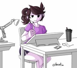  2020 anor3xia bedroom_eyes brown_hair card chair desk desk_lamp drawing_tablet drawn female glasses jaiden jaiden_animations mob_face pen pen_tablet ponytail purple_shirt shorts signature sitting sitting_on_chair stylus tablet thermos thick_thighs thighs ticket wacom white_skin youtube youtuber 