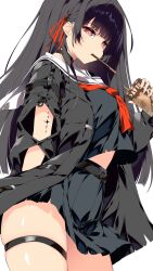  black_hair black_jacket black_serafuku black_shirt black_skirt bright_pupils chisa_(wuthering_waves) commentary_request female food food_in_mouth hair_ribbon highres jacket long_hair looking_at_viewer mole mole_under_eye pocky pocky_in_mouth red_eyes red_ribbon ribbon sakurame school_uniform serafuku shirt simple_background skirt solo tacet_mark_(wuthering_waves) thigh_strap white_background white_pupils wuthering_waves 