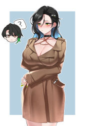  1boy ? absurdres black_collar black_hair blush breasts brown_coat brown_eyes chains cleavage closed_mouth coat collar collarbone commission cowboy_shot dogs_(dlrkdejr26) earrings female girls&#039;_frontline green_eyes green_nails hair_between_eyes head_only highres hoop_earrings jewelry large_breasts long_hair mole mole_under_eye nail_polish original python_(girls&#039;_frontline) ring short_hair solo_focus speech_bubble stud_earrings sweatdrop wedding_ring 