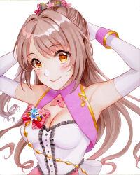  arms_up bare_shoulders blush breasts brown_hair cleavage elbow_gloves female gloves highres hikonyaaa idolmaster idolmaster_cinderella_girls long_hair looking_at_viewer marker_(medium) medium_breasts orange_eyes shimamura_uzuki simple_background smile solo stage_of_magic_(idolmaster) traditional_media upper_body white_background white_gloves 