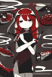  2girls animal_ears antenna_hair belt black_belt black_dress black_eyes black_hat bowl cat_ears cat_tail chibi chibi_inset china_dress chinese_clothes closed_mouth dress drill_hair food funamusea hat highres holding holding_plate kuromaki_(funamusea) limited_palette lobco_(funamusea) lobster_girl long_hair looking_at_viewer multiple_girls oounabara_to_wadanohara oyumeno plate red_eyes red_hair solo_focus sweat tail twin_drills witch_hat 